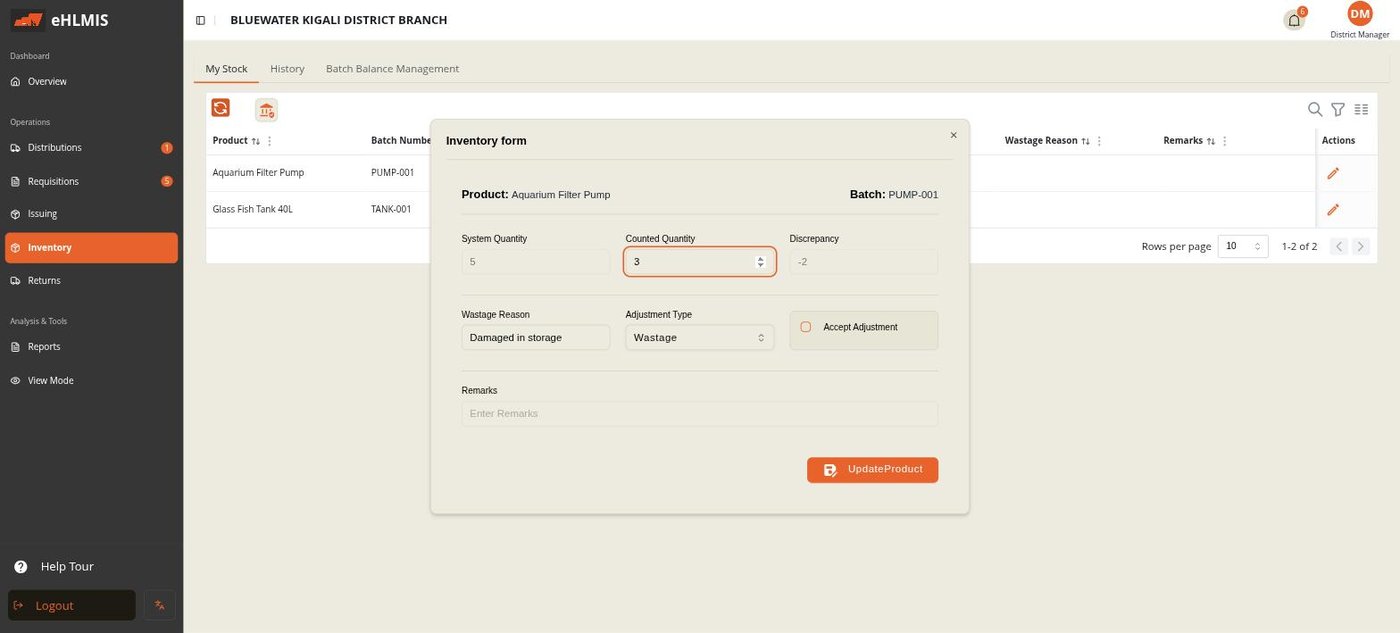 The Inventory form set to Wastage