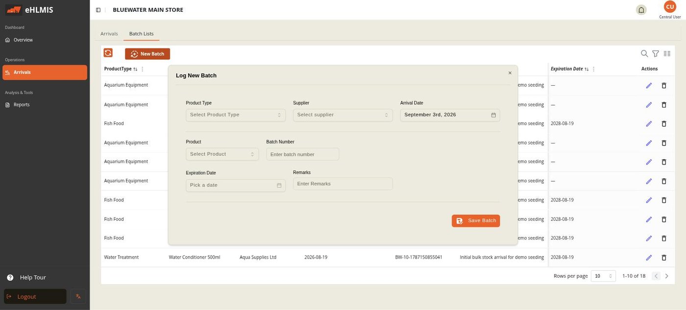 The Log New Batch form
