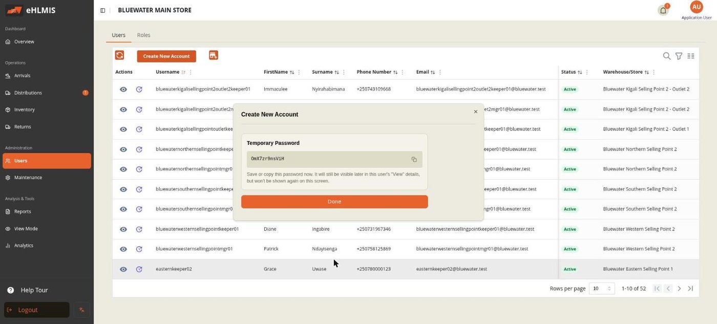 The generated temporary password, shown once with a copy button