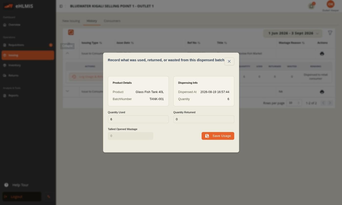 The Log Usage &amp; Returns form
