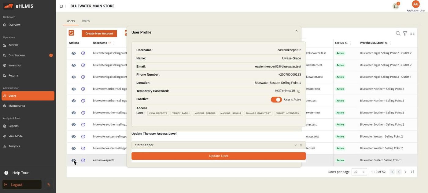 The User Profile dialog — details, temporary password, active toggle, permissions, and role change