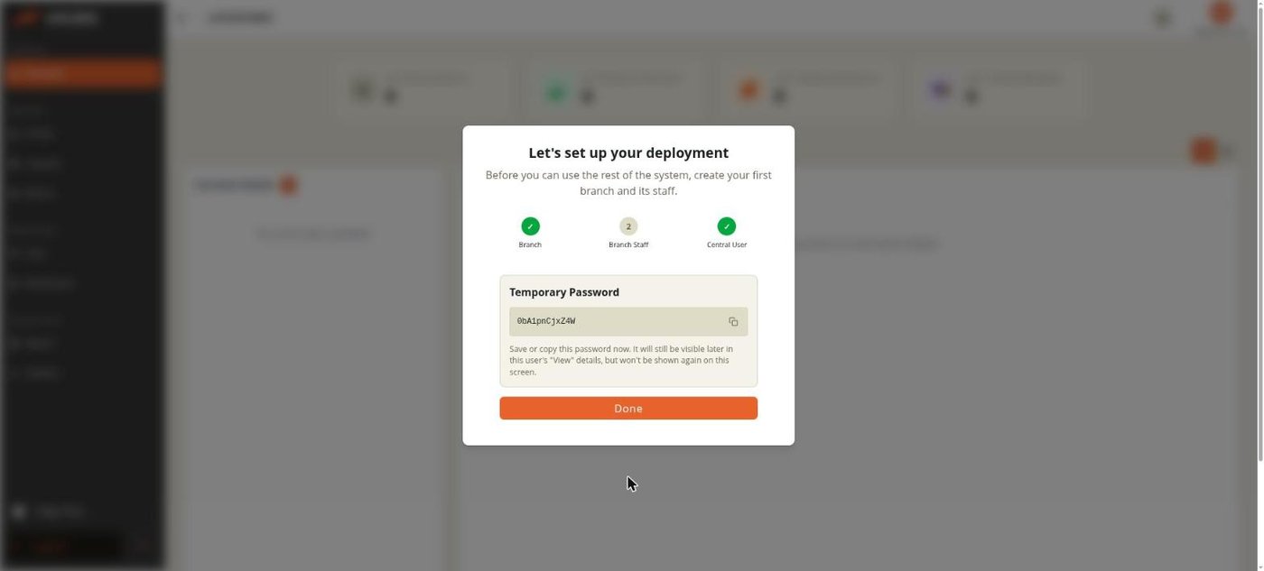 Setup wizard — the store manager's temporary password
