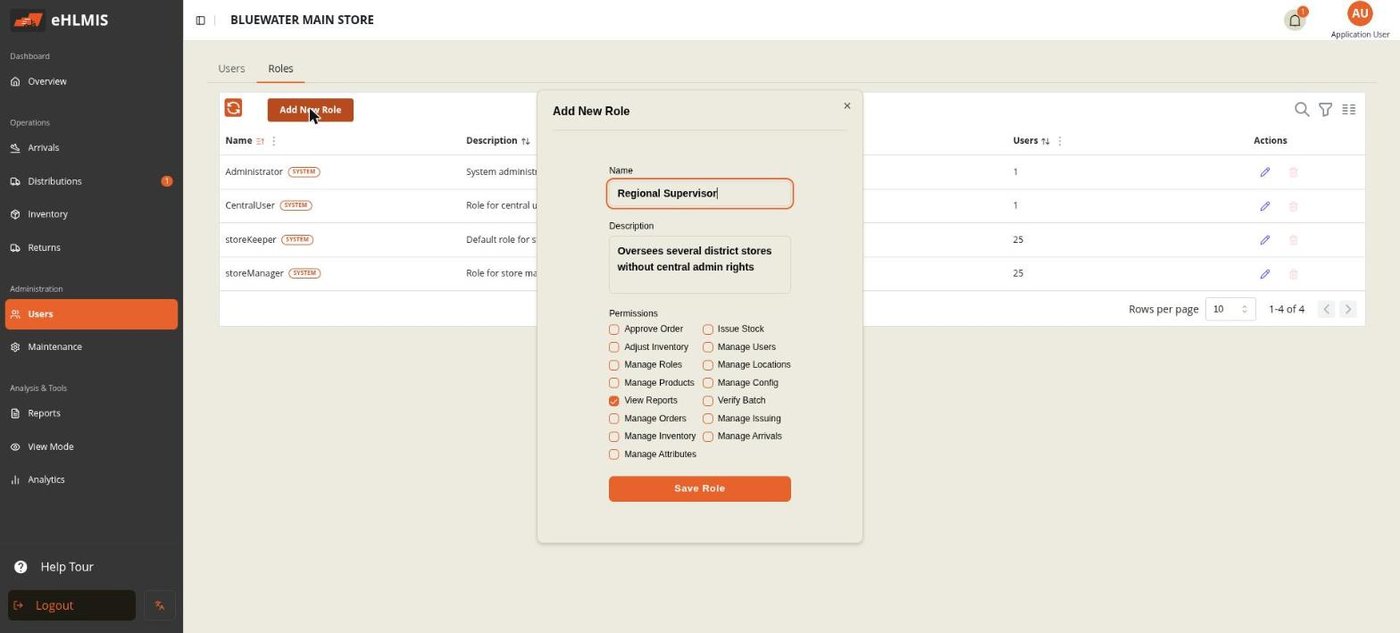 The Add New Role dialog — name, description, and the permission checklist